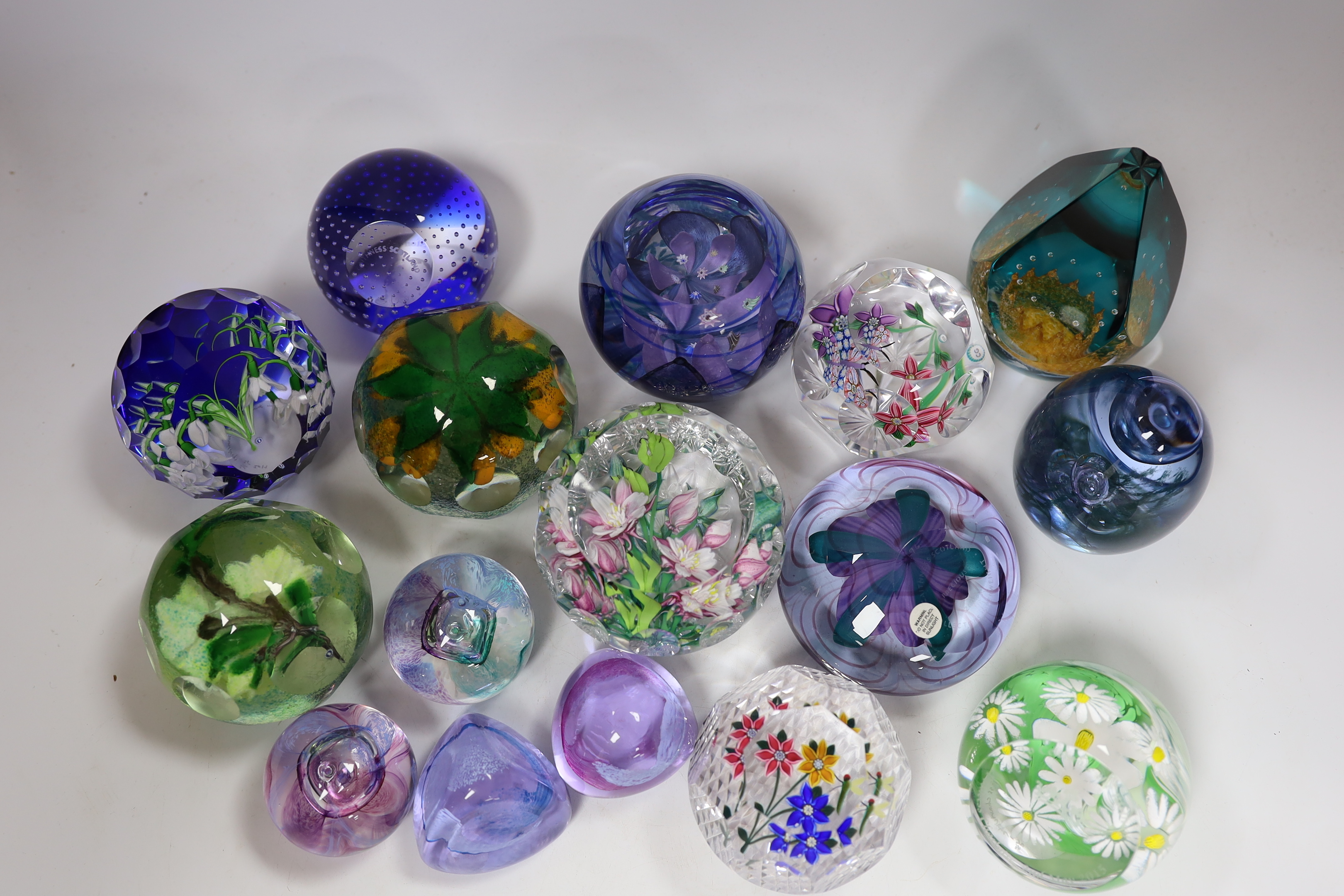 A collection of sixteen modern Caithness glass paperweights with boxes including some limited edition, largest 8cm high